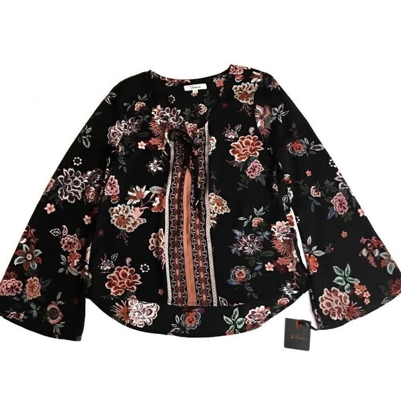 Takara Blouse Tie Front Black Floral Orange White Bell Sleeves Small - Picture 7 of 7